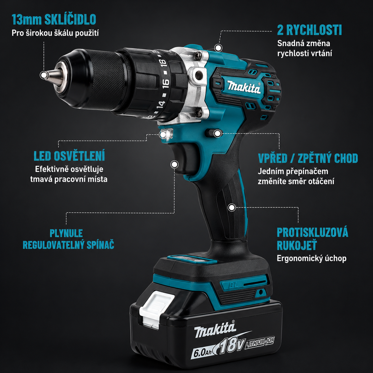 Aku vrtačka/šroubovák Makita 18 V Brushless se 2 bateriemi